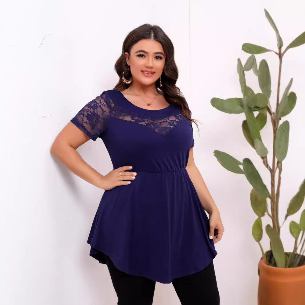 Plus Size Women Elastic Lace Patchwork Waist Slimming Round Neck Short Sleeve Top - Image 4