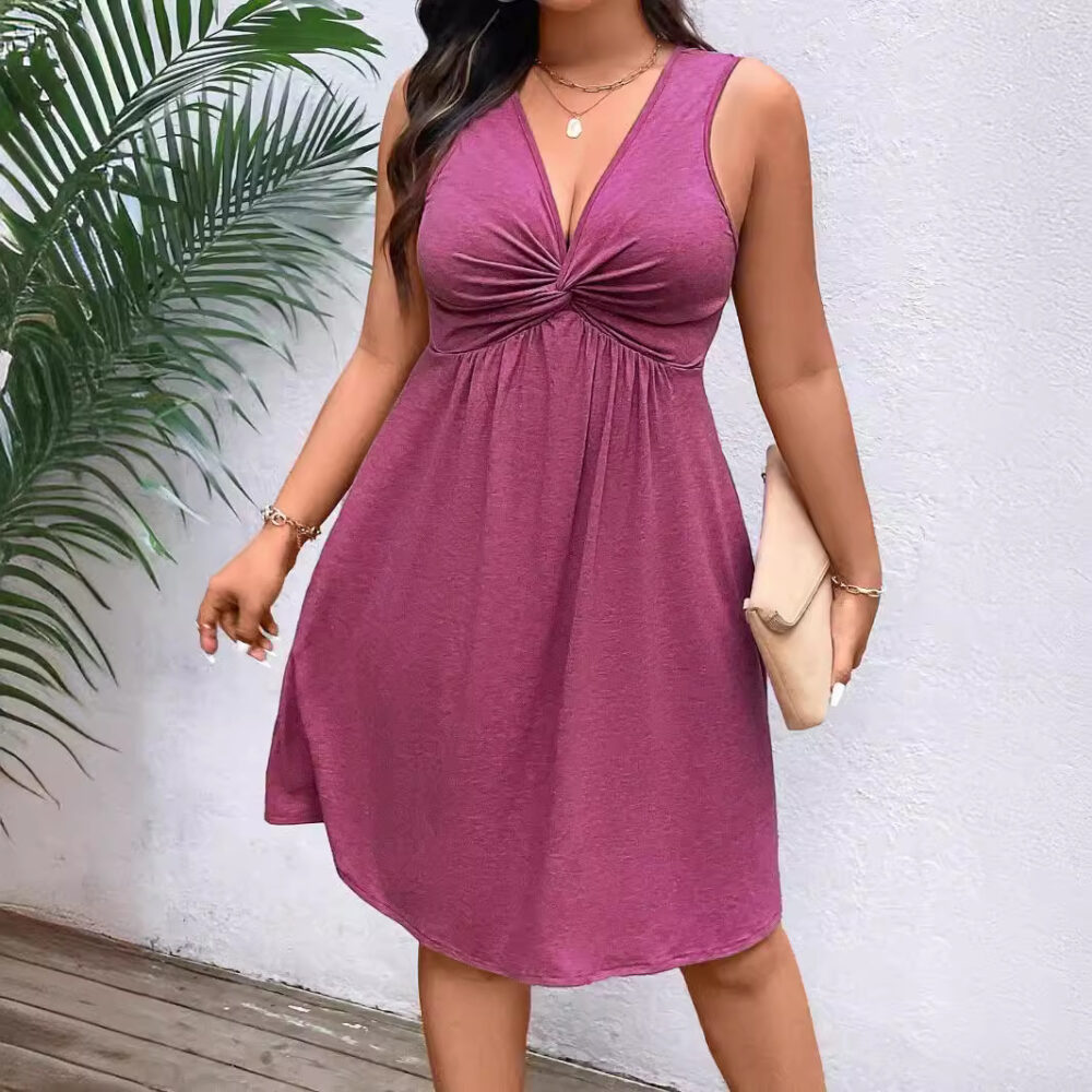 Plus Size Women V neck Sleeveless Red Dress Summer Casual Waist Tight A line Mid Length Dress - Image 4