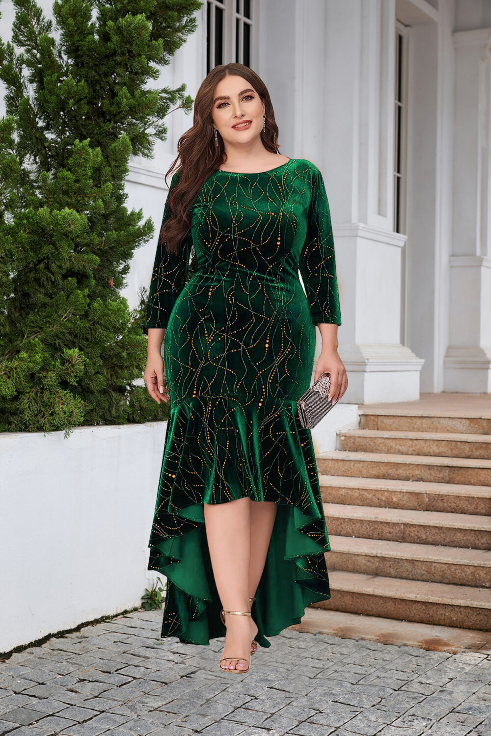 Plus Size Women Three Quarter Sleeve Mermaid High Low Hem Extra Long Velvet Formal Jumpsuit