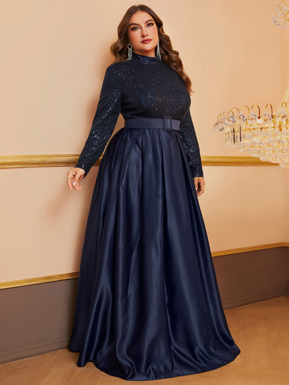 plus Size Dress Sequined Turtleneck Long Sleeve Dress with Belt Dinner Dress - Image 4