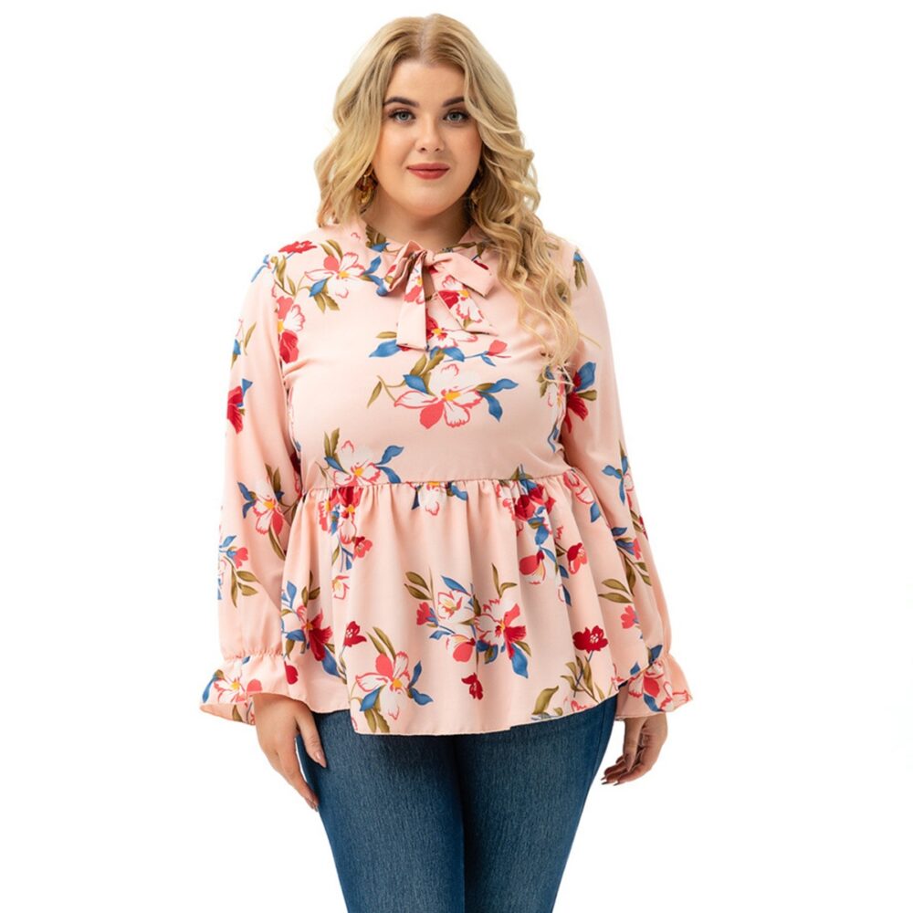 Plus Size Women Clothing Spring Autumn Full Figured Girl Long Sleeve Printed Top