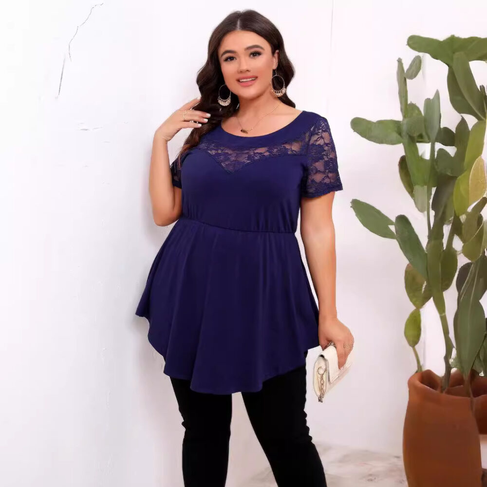 Plus Size Women Elastic Lace Patchwork Waist Slimming Round Neck Short Sleeve Top - Image 3