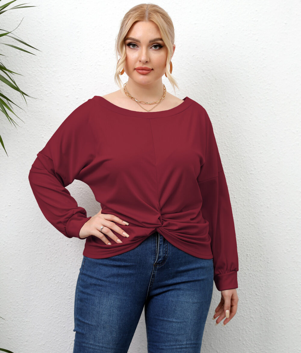 Plus Size Women Clothes Solid Color Irregular Asymmetric Crossover Tops Casual T-shirt - Image 3