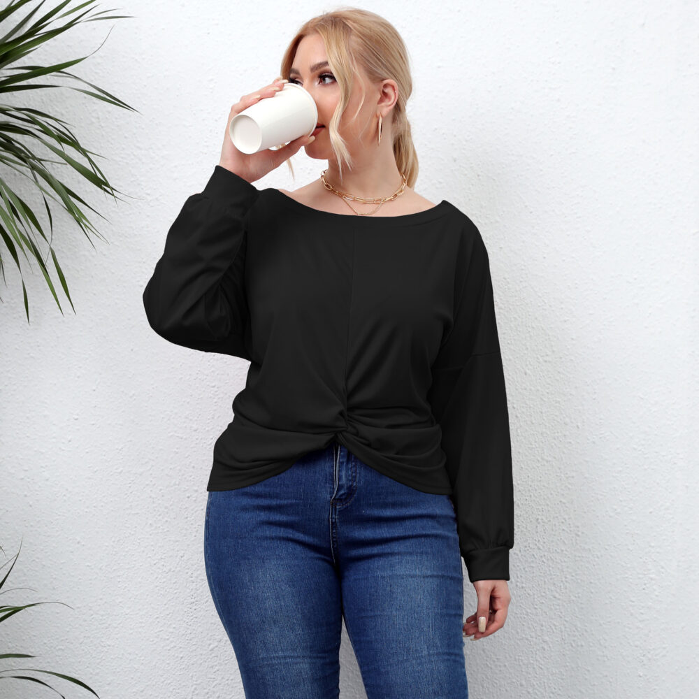 Plus Size Women Clothes Solid Color Irregular Asymmetric Crossover Tops Casual T-shirt - Image 4