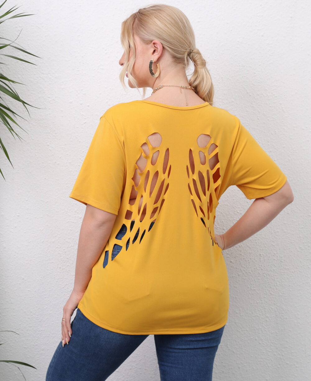 Plus Size Women Clothes Burnt Floral Hollowed Casual Top Angel Wings Short-Sleeved Casual T-shirt Female - Image 3