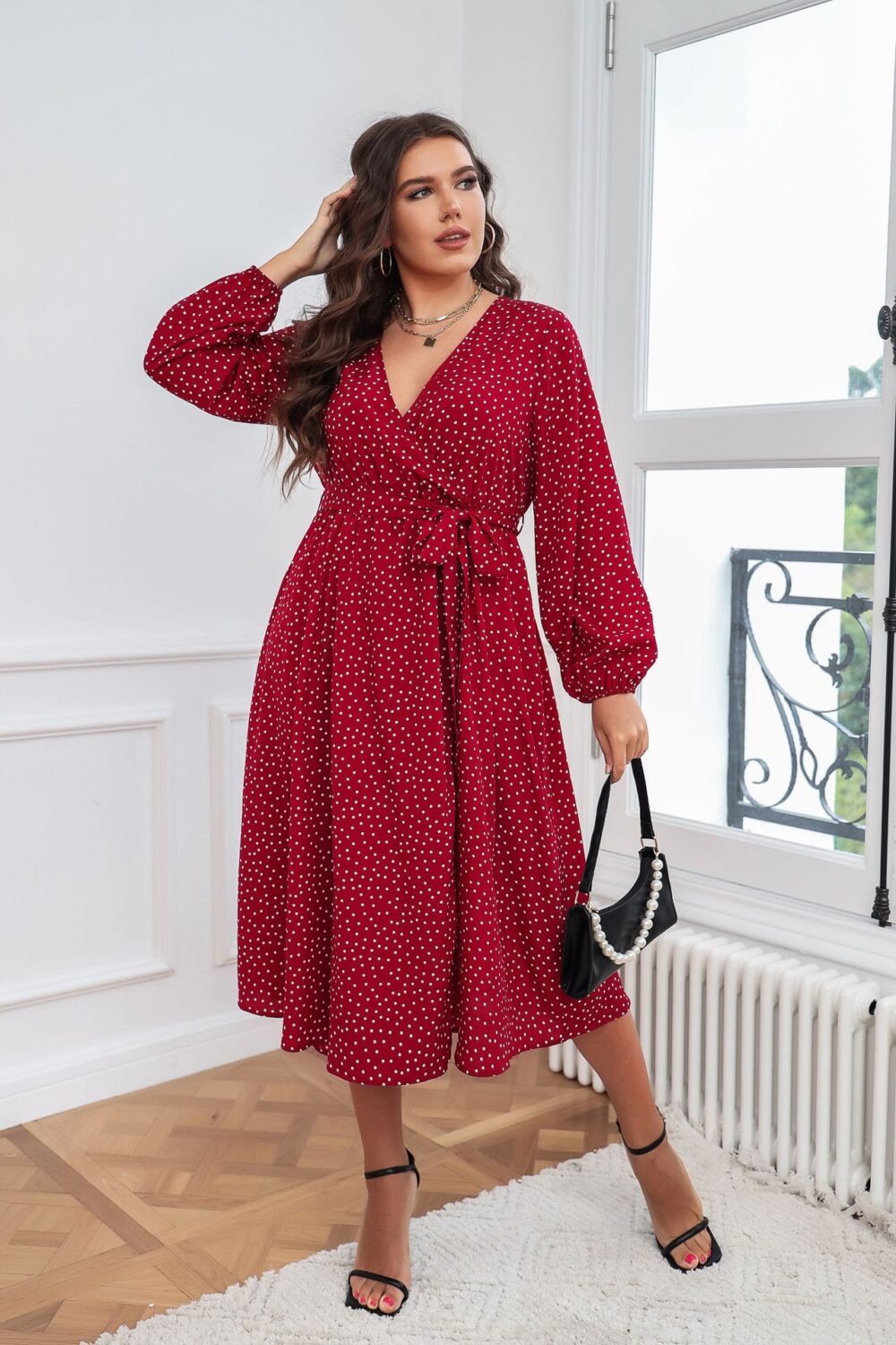 Plus Size Swing Artistic Red Dress Cotton Office Polka Dot Long Sleeve Women Clothing - Image 3