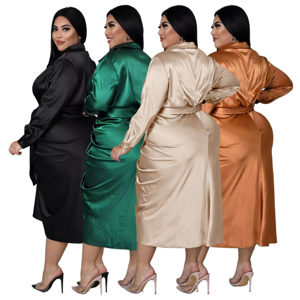 Plus Size Nightclub Uniforms Reflective Silk Pleated Lace-up Shirt Dress - Image 2